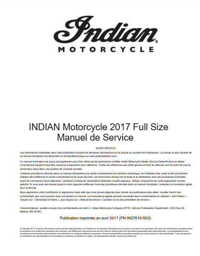 manuel d'atelier Indian Full Size 2017 en français { {{ Docautomoto }}
