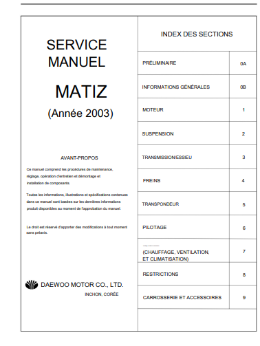Manuel de réparation Daewoo Matiz 2003 français { {{ Docautomoto }}