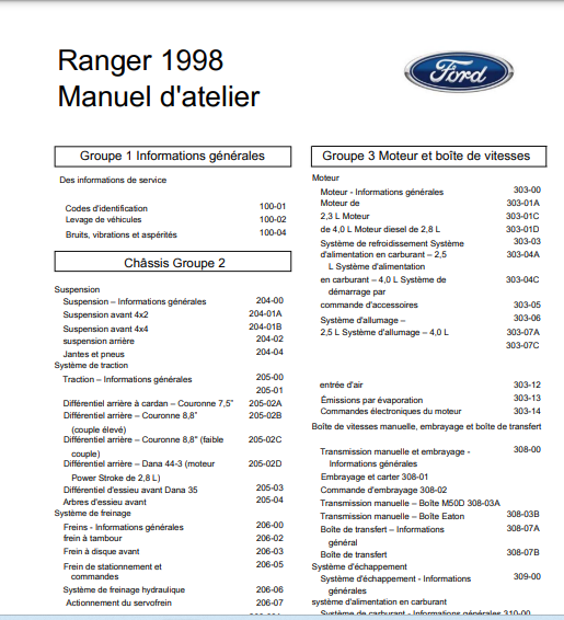 Manuel d'atelier Ford Ranger 98 2003 en français { {{ Docautomoto }}