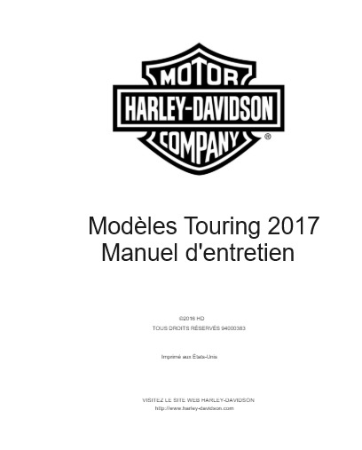 Manuel d'atelier Harley Davidson Touring 2017 pdf français { {{ Docautomoto }}