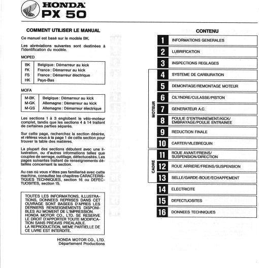 Manuel d'atelier Honda PX 50 1980 français Docautomoto