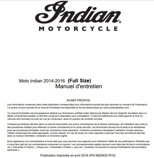 manuel d'atelier Indian Full Size 2014 2016 français { {{ Docautomoto }}