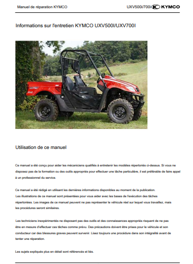 Manuel d'atelier Kymco UXV 500 700 i { {{ Docautomoto }}