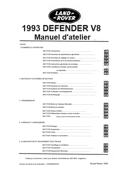 Manuel d'atelier Land Rover Defender V8 1993 français { {{ Docautomoto }}
