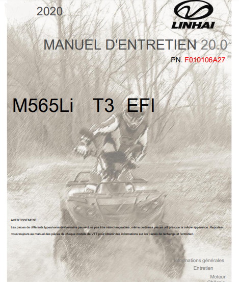 Manuel d'atelier Linhai M565 2020 français { {{ Docautomoto }}