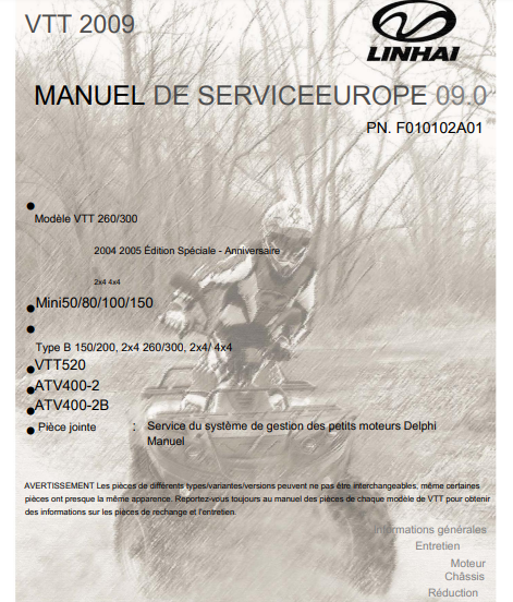 manuel d'atelier Linhai tous modèles 2009 français { {{ Docautomoto }}