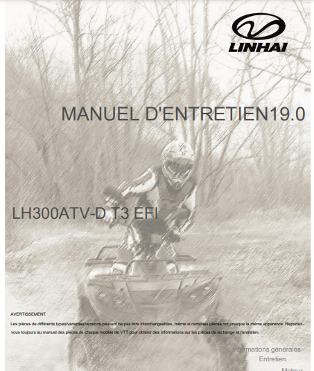 Manuel d'atelier Linhai Hytrack 300D EFI 2019 français { {{ Docautomoto }}