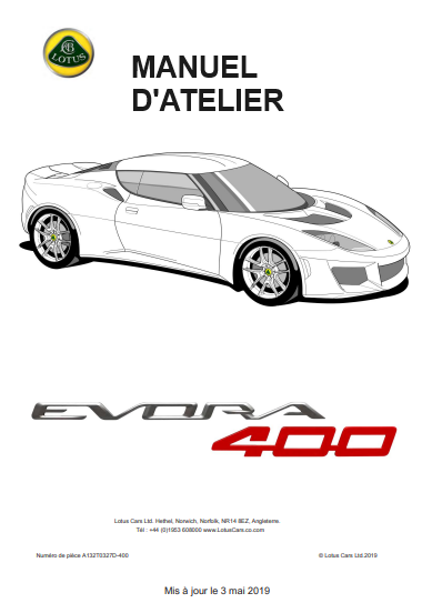 Manuel d'atelier Lotus Evora 400 2015 2020 français { {{ Docautomoto }}