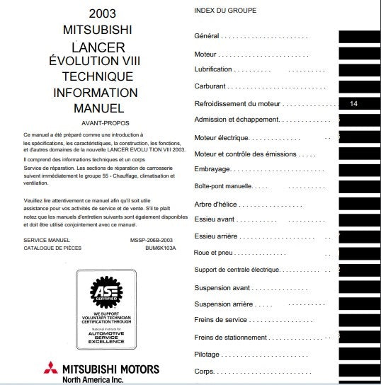 Manuel d'atelier Mitsubishi Lancer Evo 2003 français { {{ Docautomoto }}