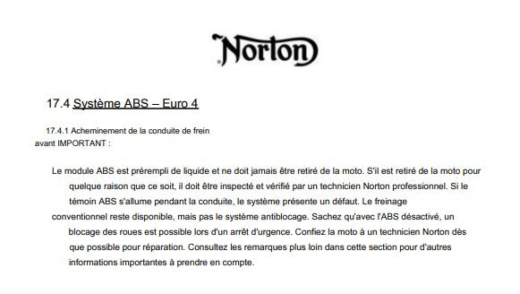 Manuel d'atelier Norton 961 2017 Euro 4 ABS français { {{ Docautomoto }}