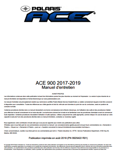 Manuel d'atelier Polaris ACE 900 2017 2019 français { {{ Docautomoto }}