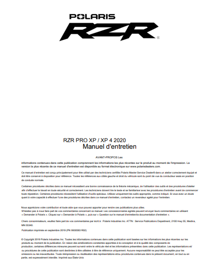 Manuel d'atelier Polaris RZR Pro XP 2020 français { {{ Docautomoto }}