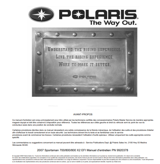 Manuel d'atelier Polaris Sporstman 700 800 EFI 2007 français { {{ Docautomoto }}