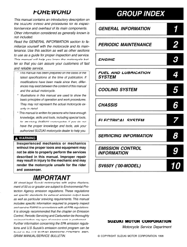 Manuels d'atelier Suzuki SV 650 1999 { {{ Docautomoto }}