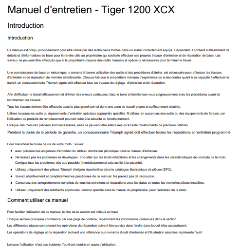 Manuel d'atelier Triumph Tiger 1200 XCX 2018 2021 français { {{ Docautomoto }}