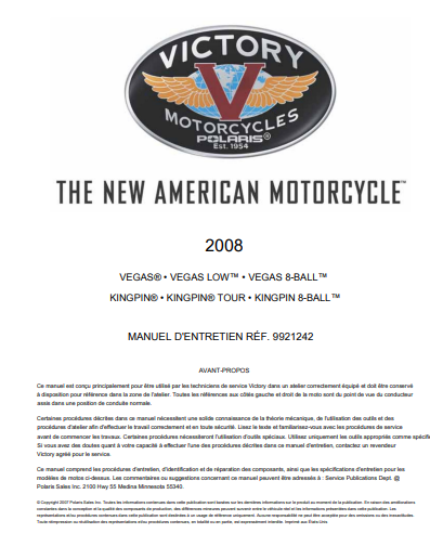manuel d'atelier Victory Kingpin Vegas 2008 français { {{ Docautomoto }}
