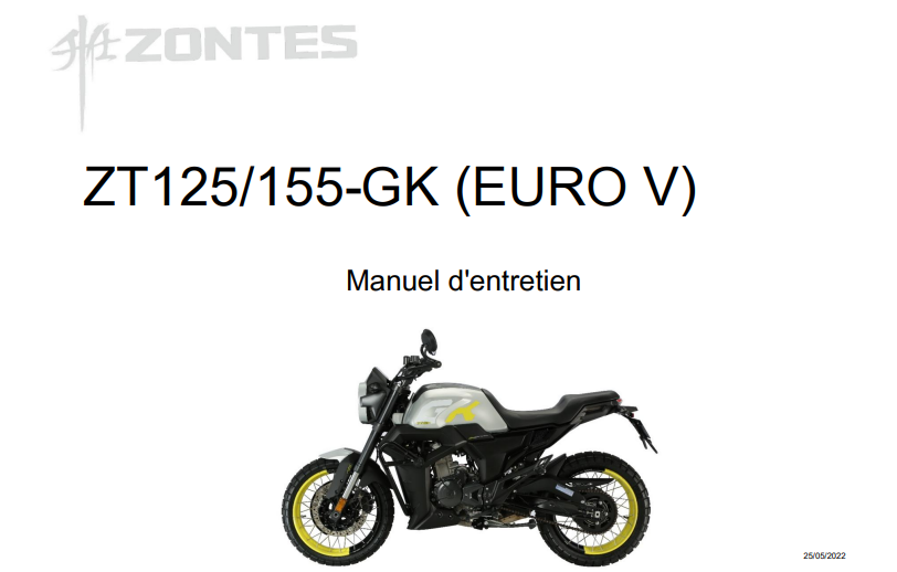 Manuel d'atelier Zontes GK 125 2022 français { {{ Docautomoto }}