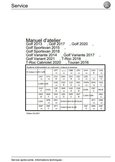 manuel d'atelier Volkswagen moteur 1.0 3cylindres turbo EA211 2018 2021 Docautomoto