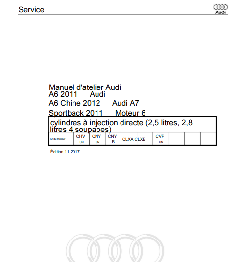 Manuel d’atelier Audi A6 RS6 A7 2011 2018 français { {{ Docautomoto }}