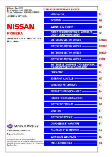 manuel d'atelier nissan Primera P11 1999 2002 { {{ Docautomoto }}