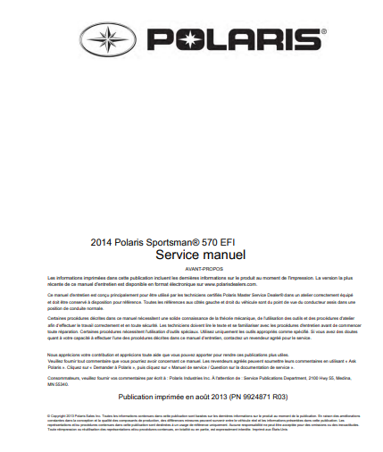Manuel d'atelier Polaris 570 Sporstman 2014 français { {{ Docautomoto }}