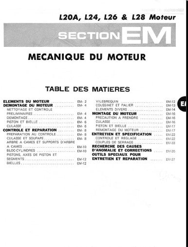 Manuel d'atelier moteurs Datsun Z en français { {{ Docautomoto }}