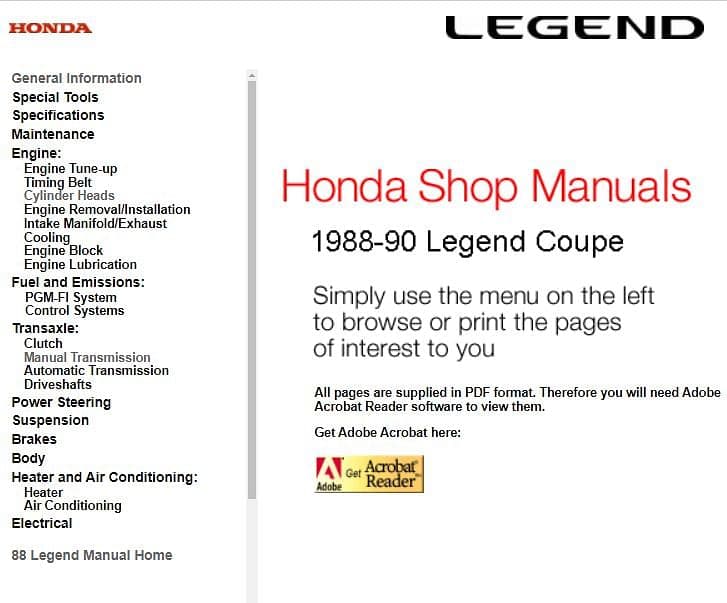 Manuels d'atelier Honda Legend 1988 1990 { {{ Docautomoto }}
