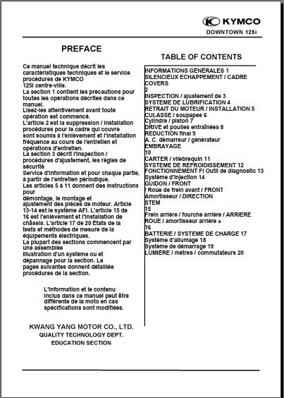 Manuel d'atelier Kymco Street Dink 125 i en français { {{ Docautomoto }}
