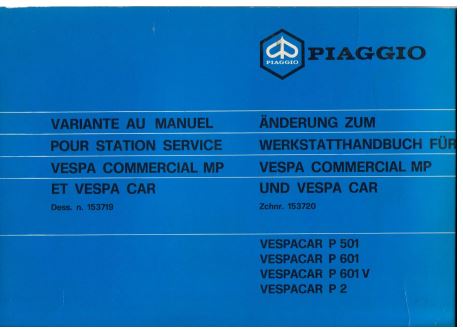 Manuel station service Piaggio vespacar P501 P601 P2 { {{ Docautomoto }}