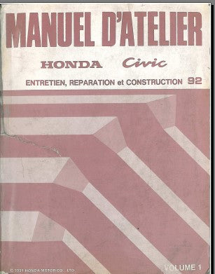 manuel d'atelier Honda Civic1992 { {{ Docautomoto }}