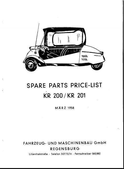 manuels d'atelier Messerschmitt Kr 200 et Part list { {{ Docautomoto }}