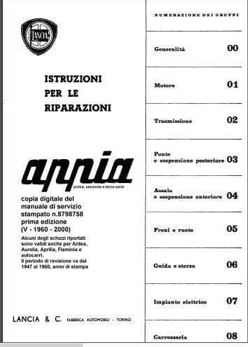 manuel d'atelier Lancia Appia Flaminia Aurelia Ardea 1947 à 1960 { {{ Docautomoto }}