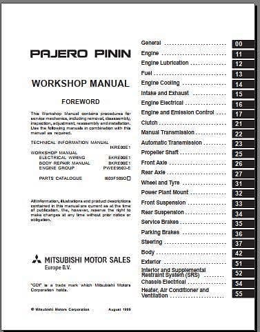 manuel d'atelier Mitsubishi Pajero Pinin 2000 2003 { {{ Docautomoto }}