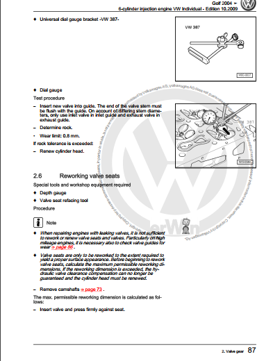 Manuel d'atelier moteur Volkswagen Golf R32 { {{ Docautomoto }}