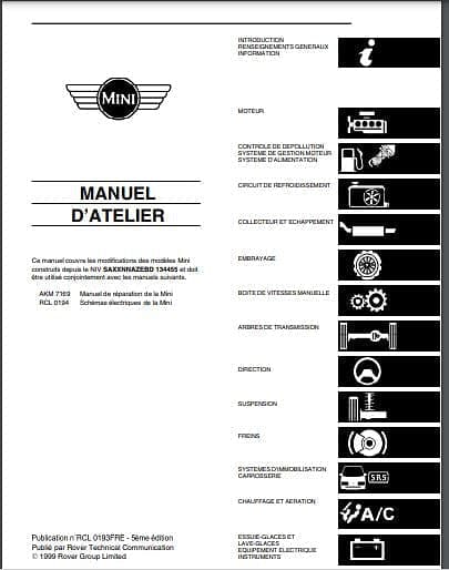Manuel d'atelier Rover Mini injection dernière édition 1999 { {{ Docautomoto }}