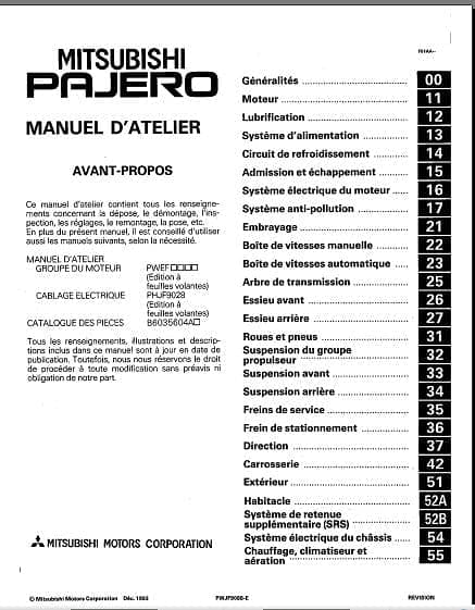 Manuel d'atelier Mitsubishi Pajero 91 2000 en français { {{ Docautomoto }}