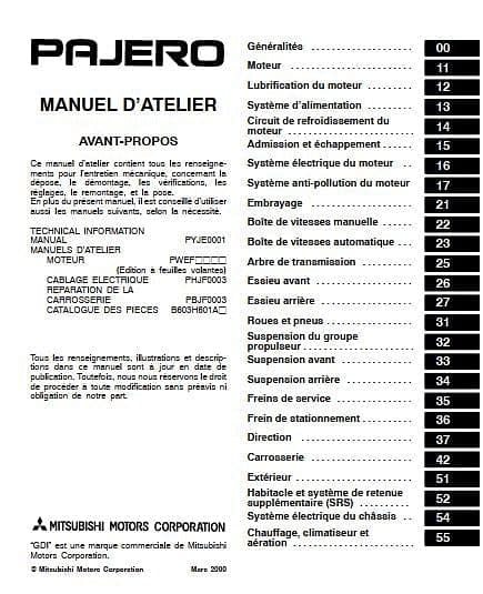 Manuel d'atelier Mitsubishi Pajero 2001 2005 { {{ Docautomoto }}