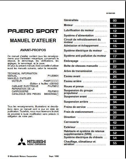 Manuel d'atelier Mitsubishi Pajero Sport 99 2002 en français { {{ Docautomoto }}