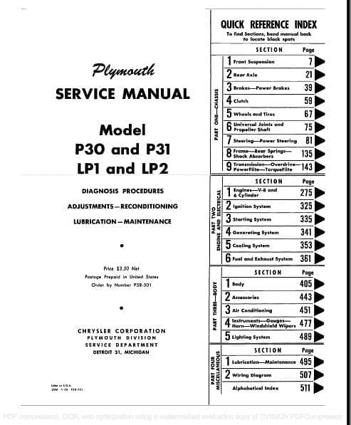 Manuel d'atelier Workshop manual Plymouth 1957 1958 { {{ Docautomoto }}