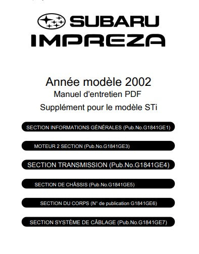 Manuel d'atelier Subaru Impreza WRX STI 2001 2002 en français { Docautomoto