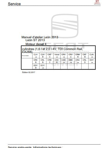 Manuel d'atelier Seat Leon TDI 2013 2019 français Docautomoto