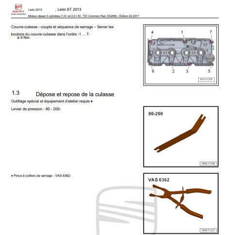Manuel d'atelier Seat Leon TDI 2013 2019 français Docautomoto