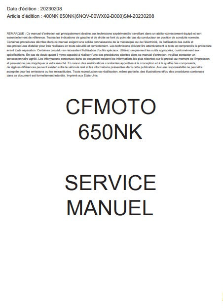 Manuel d'atelier CFMoto 400 650 NK 2024 français Docautomoto