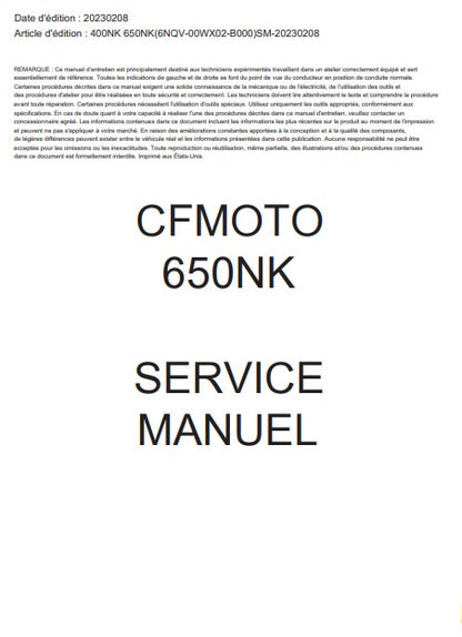 Manuel d'atelier CFMoto 400 650 NK 2024 français Docautomoto