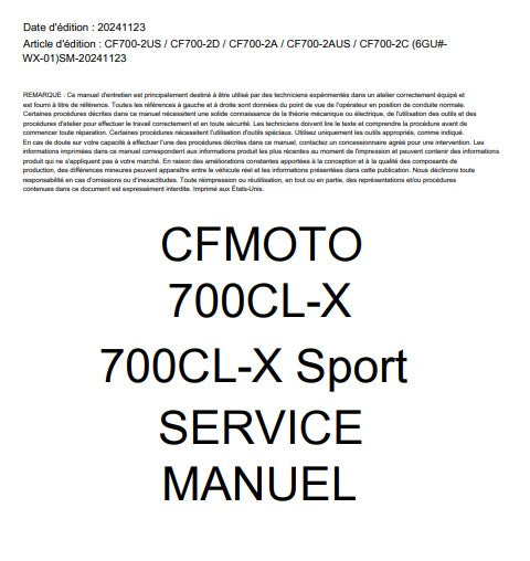 manuel d'atelier CFMoto 700 CLX 2024 français Docautomoto