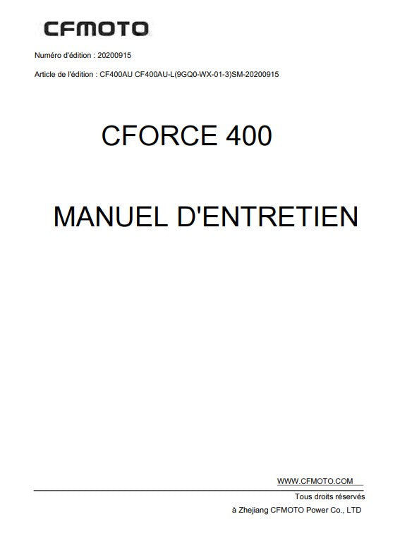 Manuel d'atelier CfMoto Cforce 400 2021 français