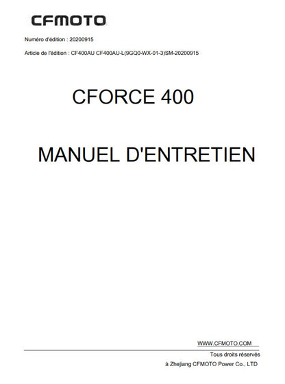 Manuel d'atelier CfMoto Cforce 400 2021 français