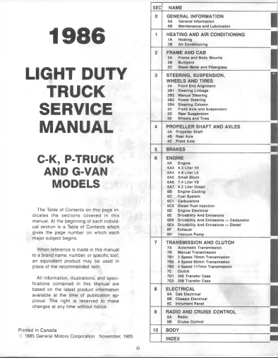 manuel d'atelier Chevrolet GMC pick up et vans 1986 Docautomoto