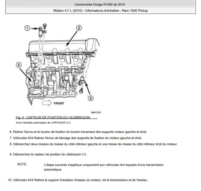 Manuel d'atelier Dodge RAM 1500 2500 2010 français Docautomoto