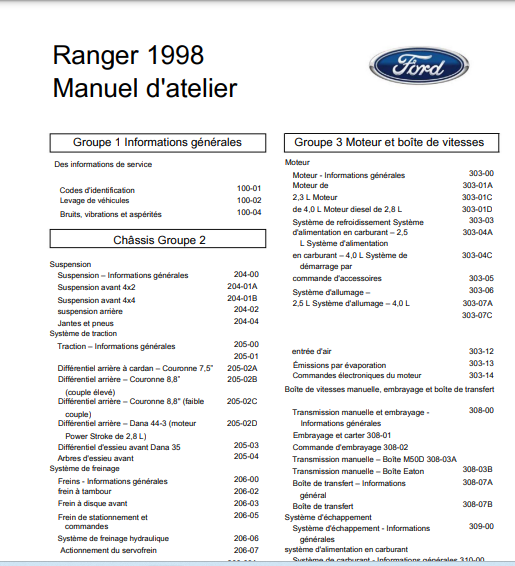 Manuel d'atelier Ford Ranger 98 2003 en français { Docautomoto